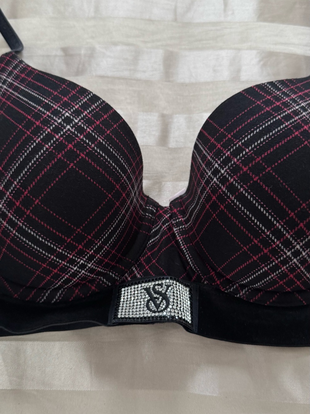 Victoria's Secret Black Plaid Push-Up Bra with Pink and White Accents